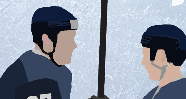 Fragmento de la portada española. Es la silueta en colores planos de dos jugadores de hockey de frente. 