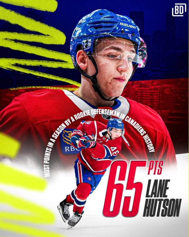 Lane Hutson 🇺🇸 s'ha convertit en el defensa rookie amb més punts a la història dels @CanadiensMTL ⚜️. #GoHabsGo